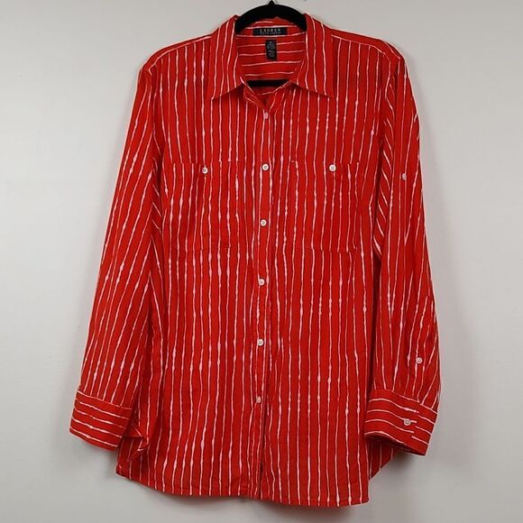 Lauren Ralph Lauren Orange and White Striped Roll Tab Sleeve Button Down Blouse - Picture 1 of 11